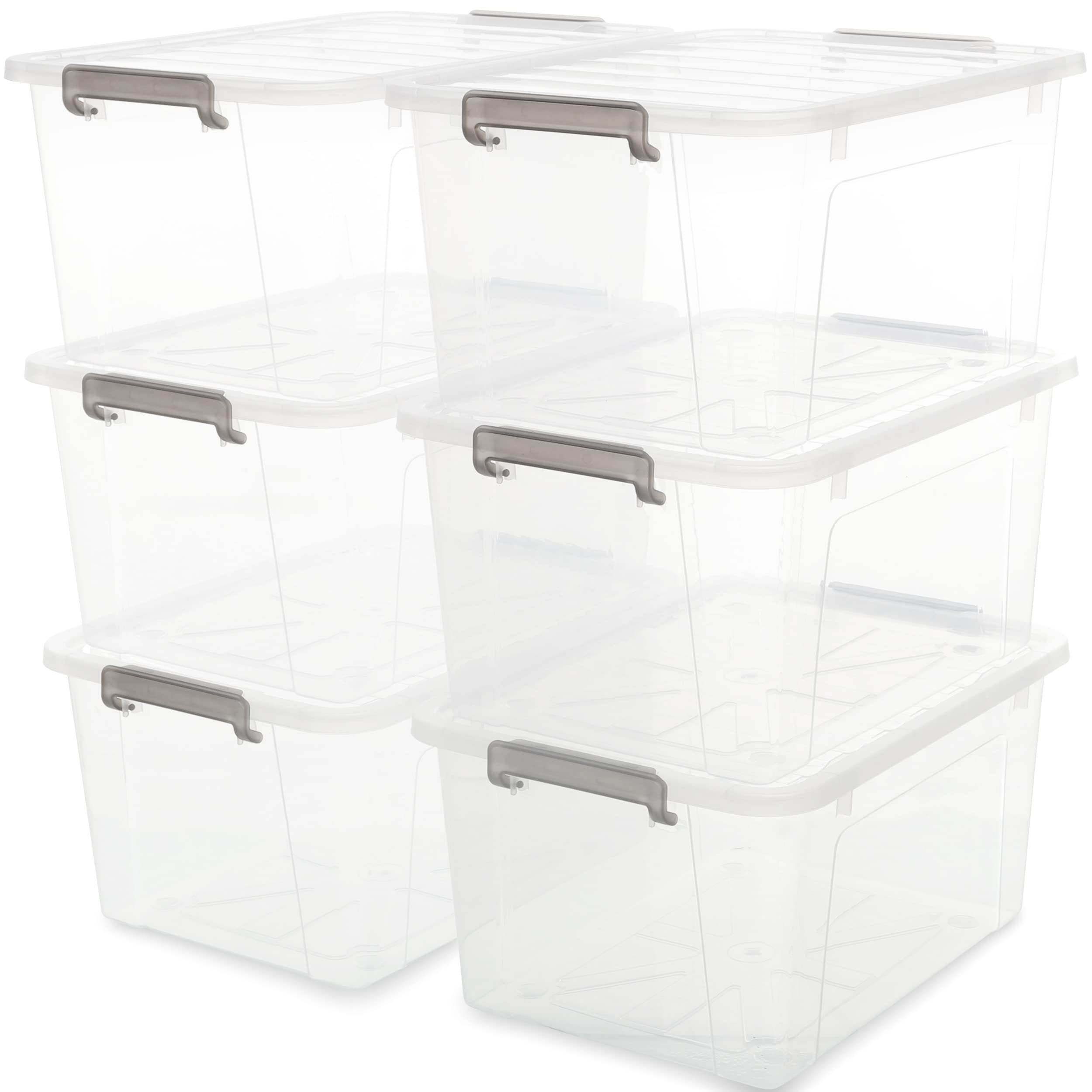 Citylife Juego de 6 Cajas de Almacenaje Organizadoras de 40 L con Tapa con Pinza Gris, Apilables para Organizar, Cajas de Plástico Grandes para Garaje, Armario, Aula, Cocina, 45,5 x 33,5 x 27 cm