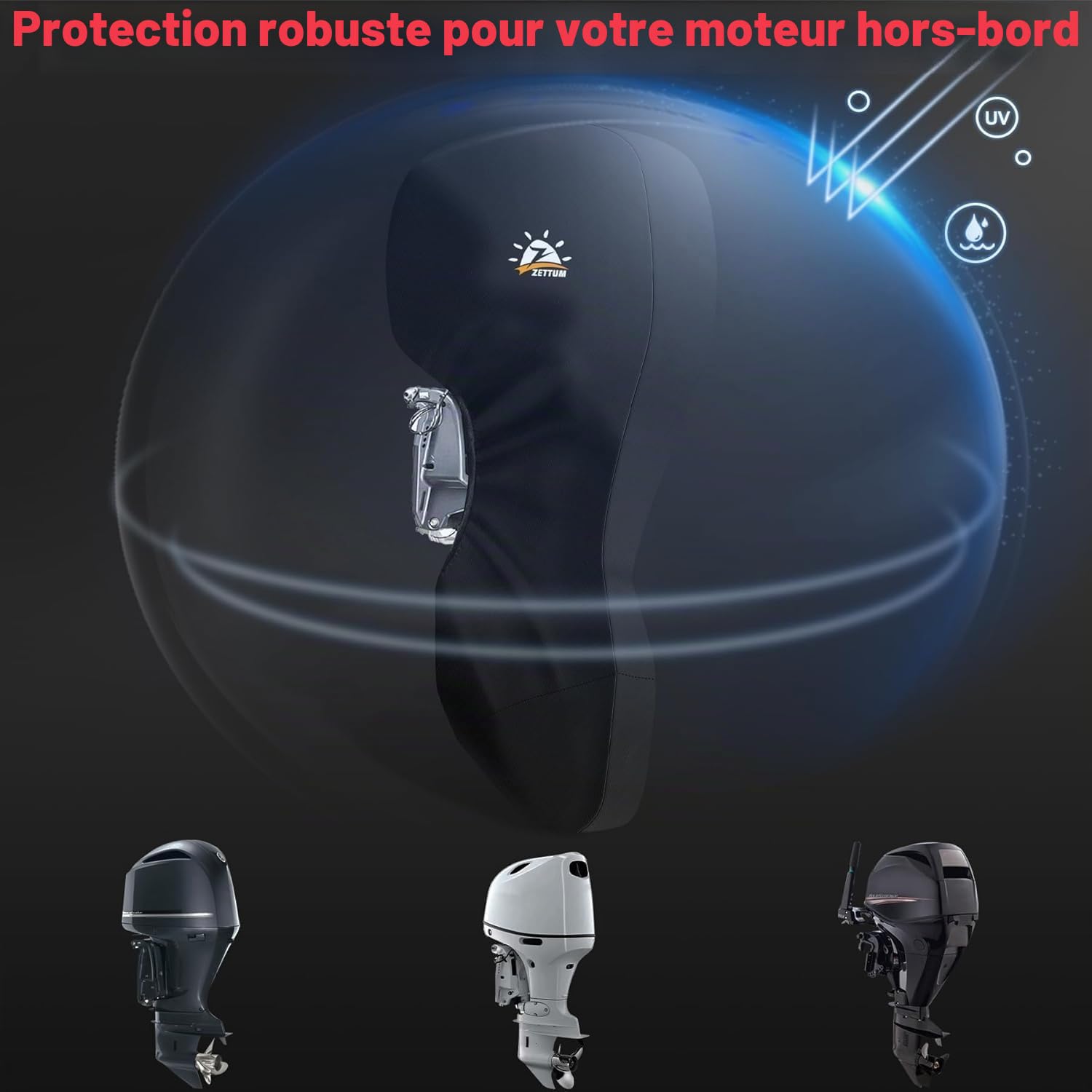Zettum Housse de Moteur Hors-Bord de Bateau de 30-50 HP, Housse de Protection Intégrale Moteur en Oxford 600D, imperméable et résistante, Universelle pour Remorque, Mercury, Yamaha, Suzuki, Evinrude