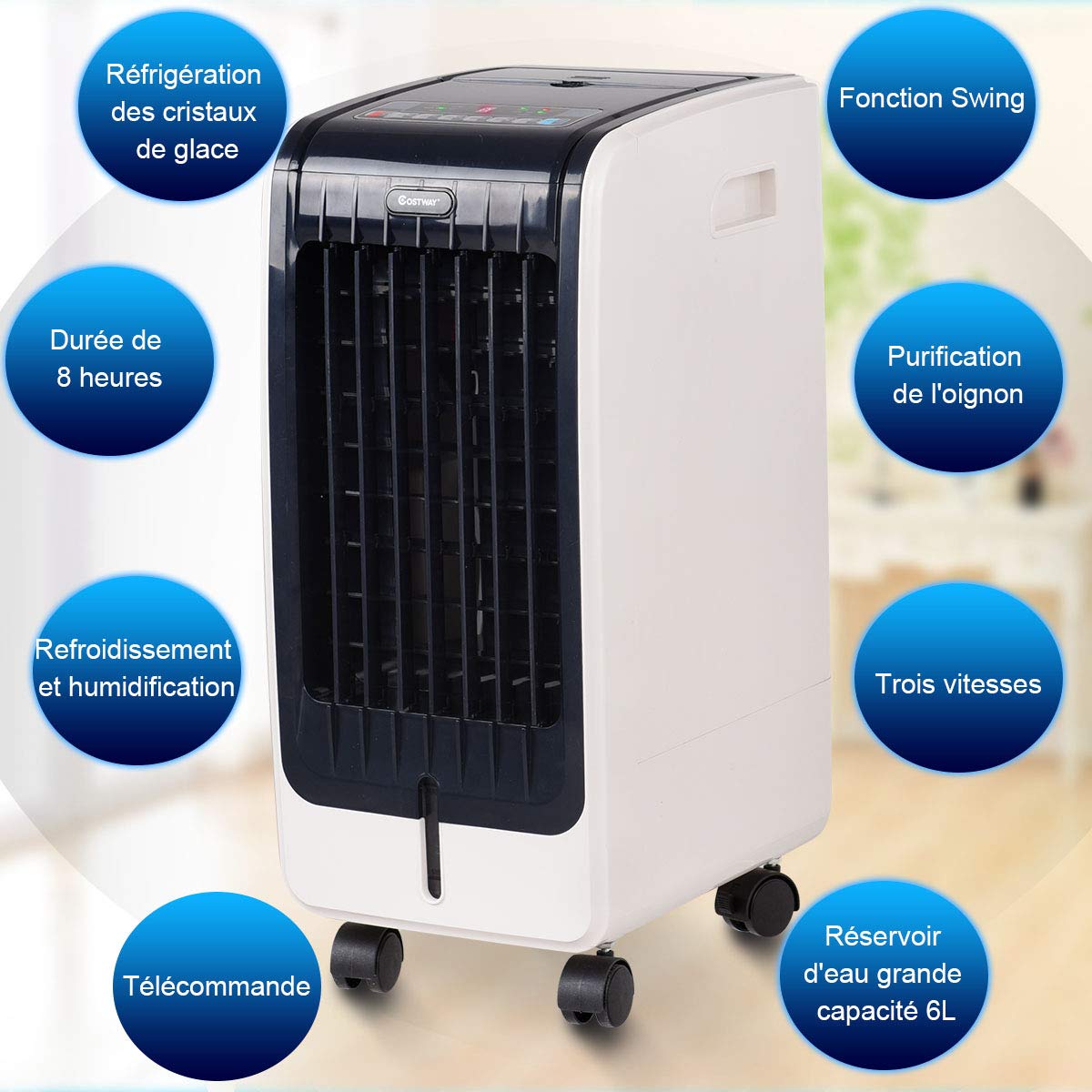 COSTWAY Rafraîchisseur d'Air 4 EN 1, Climatiseur Mobile sans Évacuation 6L, Auto-Oscillation,Refroidissement,Humidificateur,Minuterie 8H,2 Pain de Glace,Mini Climatiseur Faible Conso