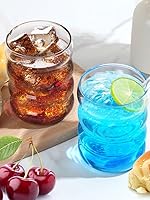 Vista 2 de Juego de 4 vasos de vidrio acanalados con pajitas de vidrio, vasos de café helado estéticos de 10 onzas, vasos de burbujas, cristalería acanalada