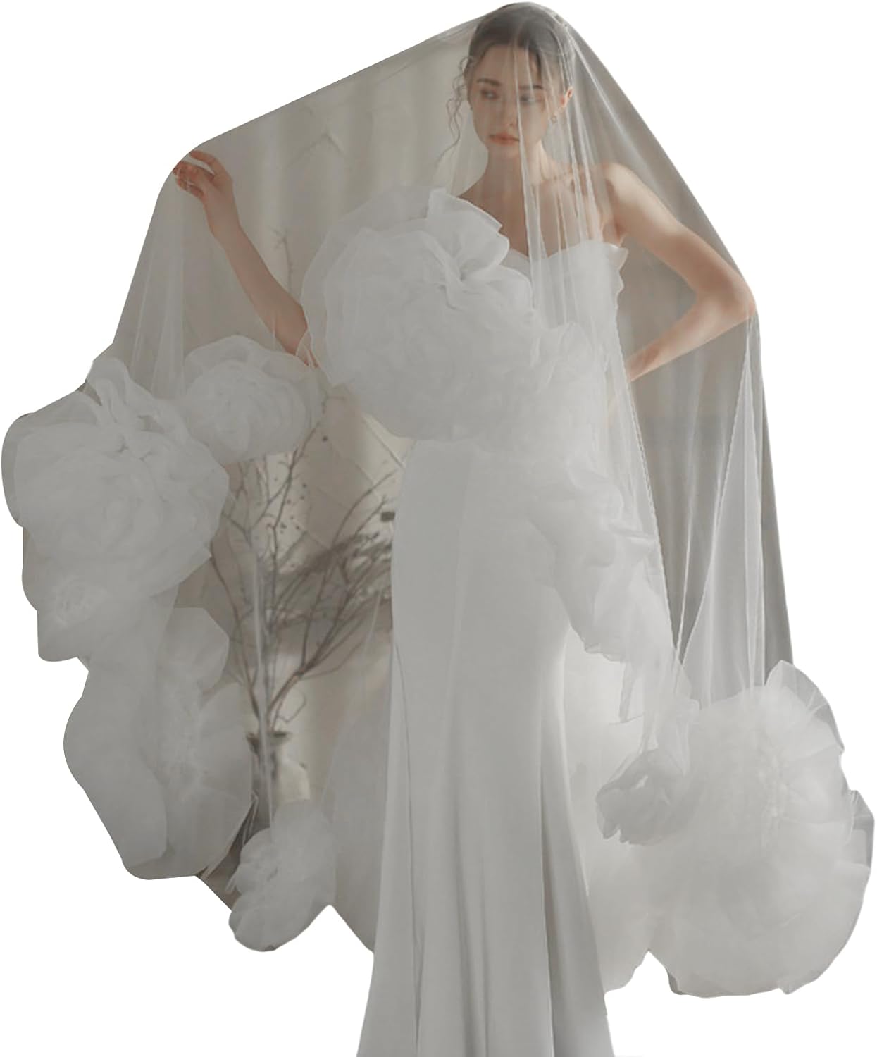 3 Meter Long Bridal Veil Soft Tulle for Wedding Party and Photography with Oversized Rose Flower Designs Wedding