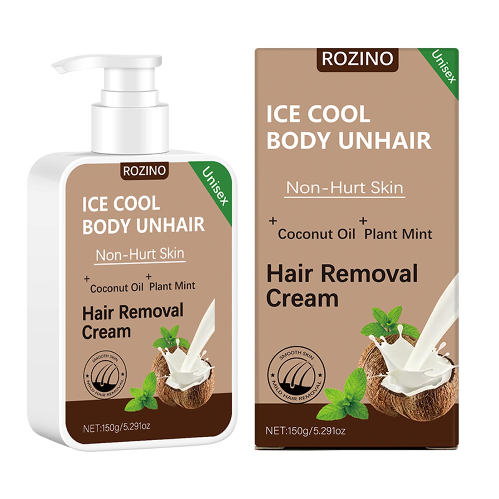 Body & Facial Hair Removal Cream for Women & Men,Painless Depilatory Cream for Sensitive Skin with Coconut Oil & Plant Mint, Fast Acting for Legs, Arms, Underarms, Bikini Line (Coconut)