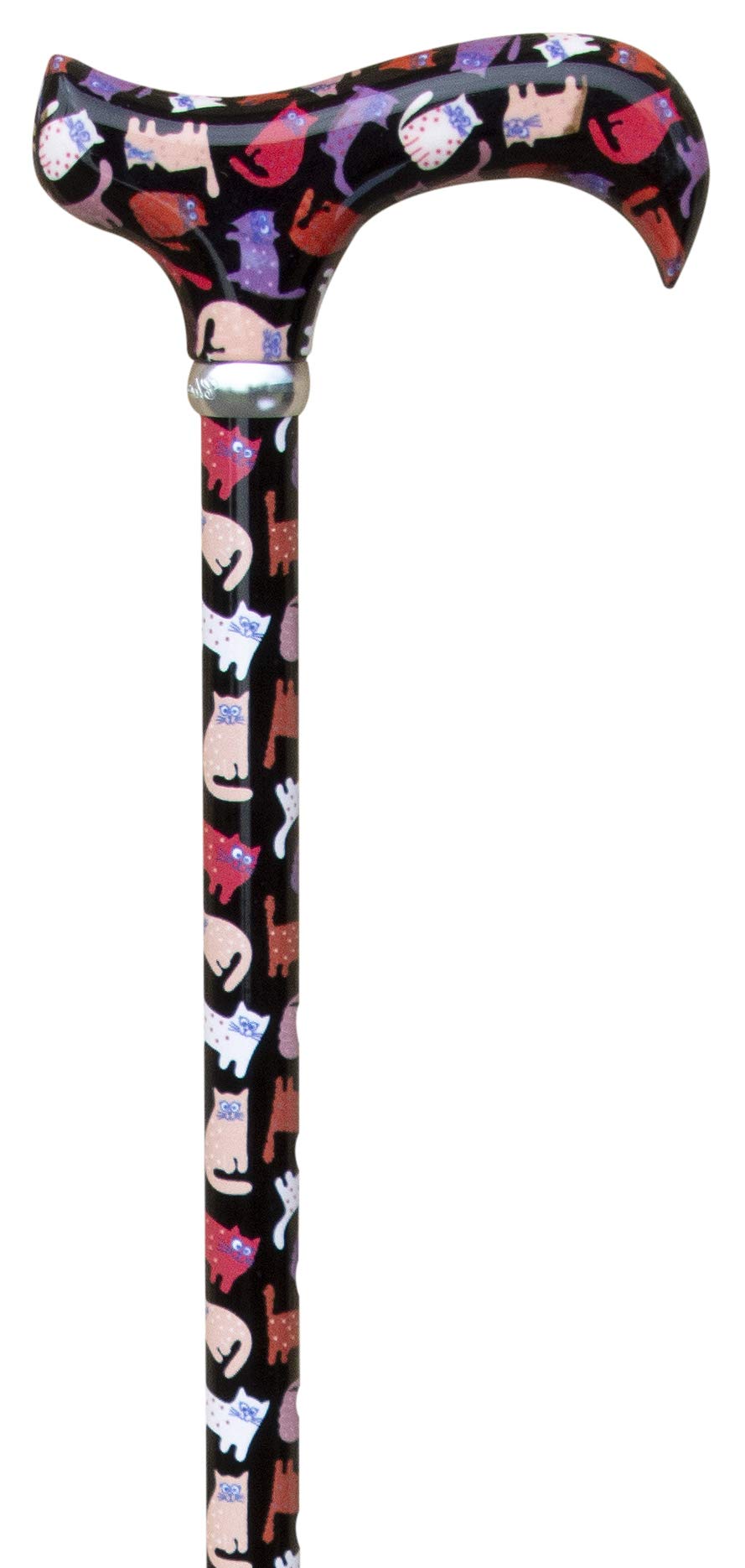 Design Gehstock CRAZY CATS, farbig, bunt, modisch, höhenverstellbar, Derbygriff, Leichtmetall, edler Chromring, Damen und Herren, mit Gummipuffer.