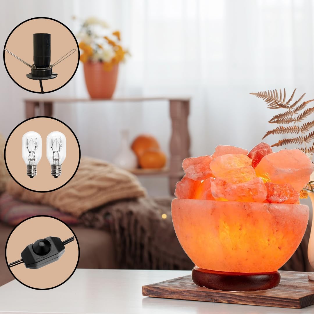 Himalayan Pink Salt Lamp Bowl with Chunks (BowlChunks) – Includes Dimmer Switch & 2 Bulbs, Unique Gift Idea