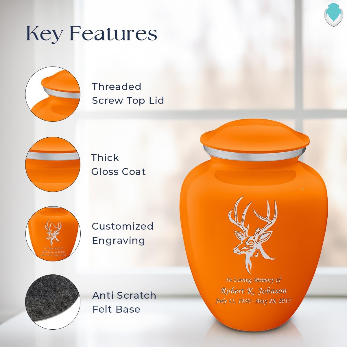 Geturns - Adult Personalized Deer Cremation Urns for Human Ashes I Large Burnt Orange Funeral Urn for Men and Women I 200 lbs