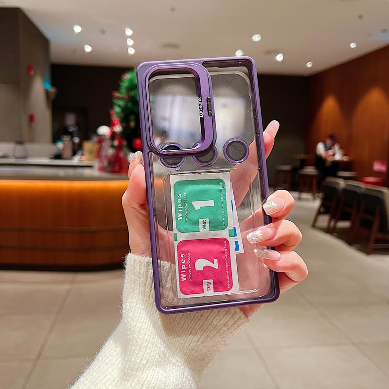 Image of Clear Case for Samsung Galaxy S25 Ultra | Metal Lens Protector & 180 Rotating Bracket | Shockproof Transparent Hard Back Cover with Soft TPU Frame - Purple