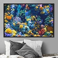 Framed Canvas Wall Art Colorful Corals Group Jellyfish Marine Life Multicolor Photography Realism Tropical Ultra Whimsical - 16x24 inches