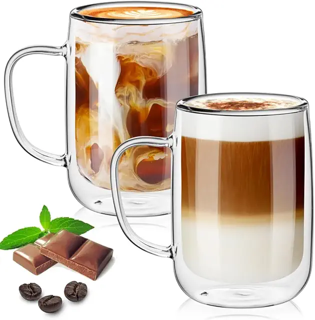 TKNO 2-Pack 350ml Double Wall Glass Mugs - Insulated Barista Cups