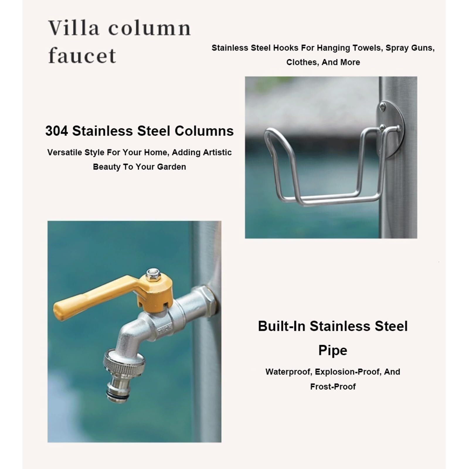 Columna de agua para jardín, anticongelante, soporte de manguera de acero con grifo, fuente decorativa para exteriores, hidrante cilíndrico