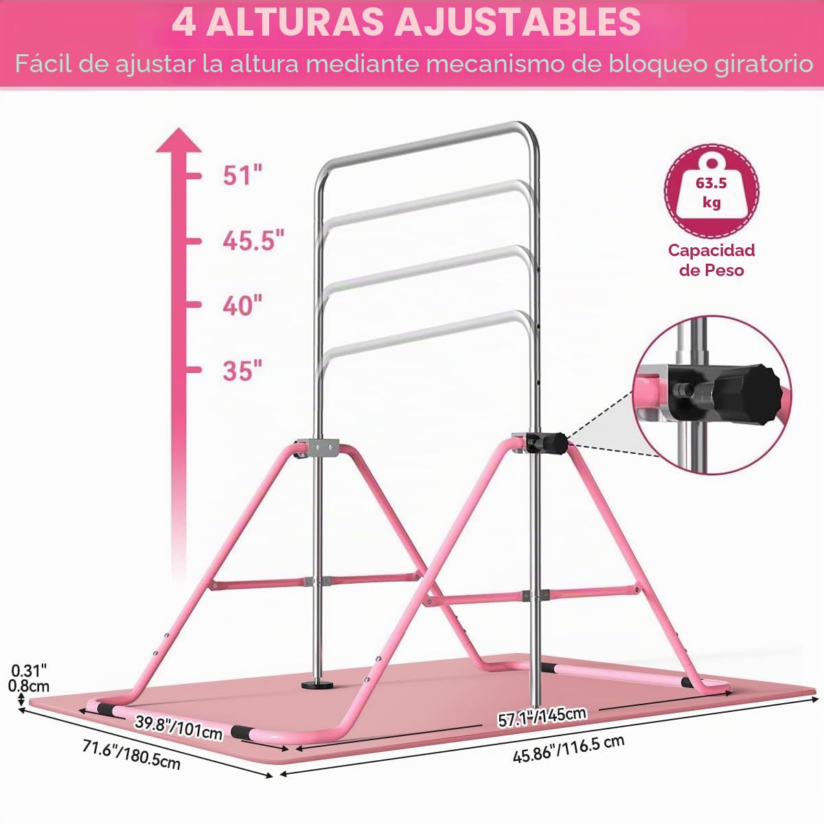 FBSPORT Barra de Gimnasia Artistica para Niñas con Altura Ajustable y Anillos, Plegable Equipo de Gimnasia para Entrenamiento en Casa, Barra de Entrenamiento de Gimnasia Expandible Junior
