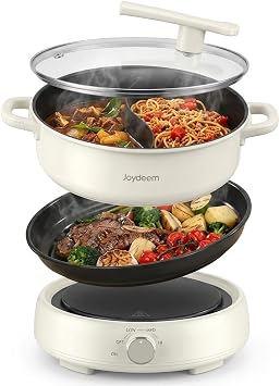 Joydeem 6.3qt Electric Hot Pot with Divider & Grill Plate, Dual-Flavor Shabu Shabu Pot, Multi-Function Hot Pot for Boil, Grill, Fry & Stew, 3 Power Settings, Detachable Nonstick Ceramic Pot