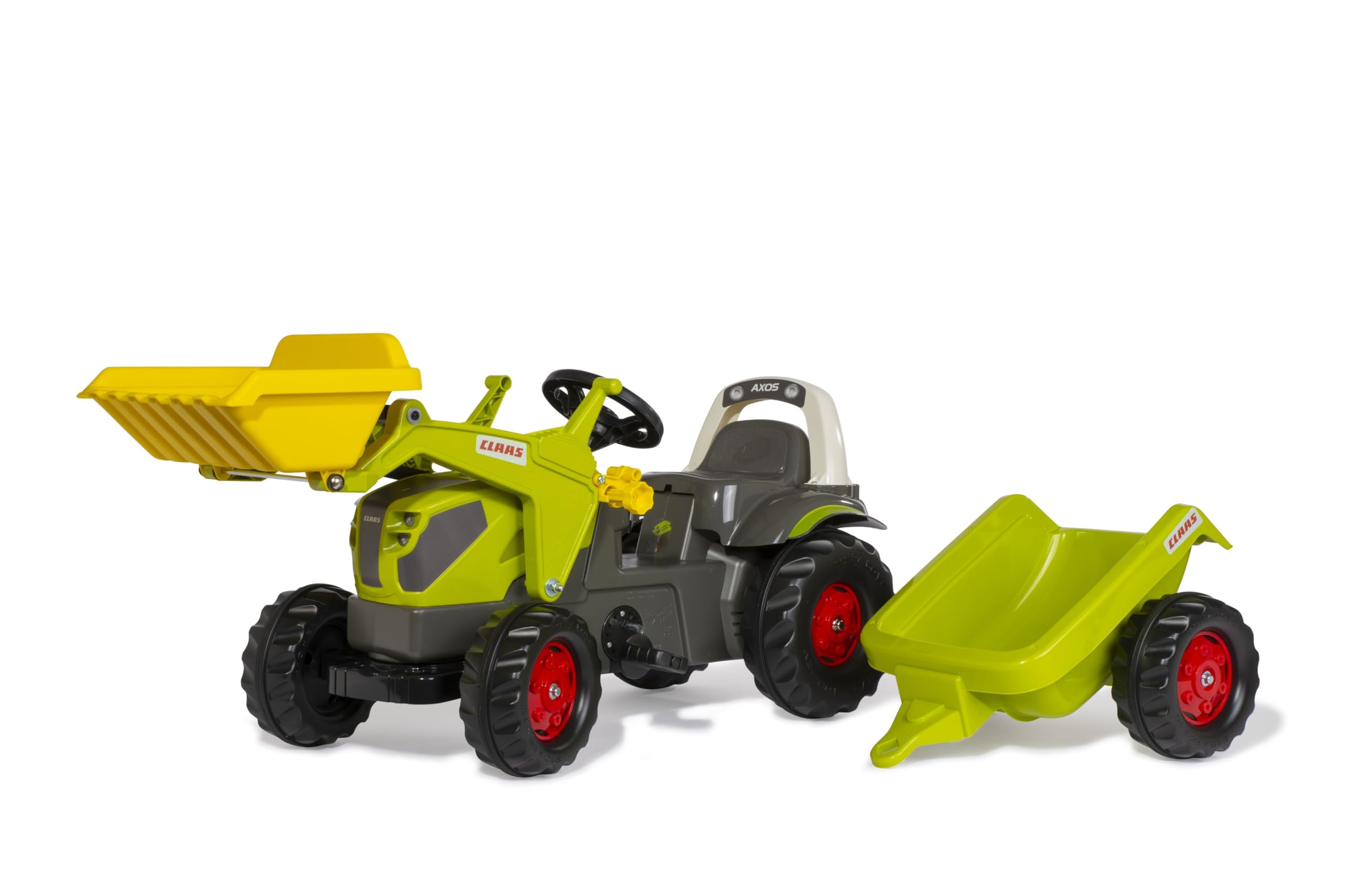 Rolly Toys rollyKid CLAAS AXOS 240 Trettraktor mit Anhänger + Frontlader (für Kinder von 2,5-5 Jahre, einstellbare Kettenspannung, Heckkupplung) 02 516 9, grün