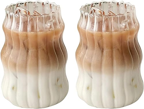 Charque 2 vasos acanalados para beber vasos vintage para whisky, cóctel, jugo, cerveza, vino, té, licuado de soda, tazas de café helado en forma de