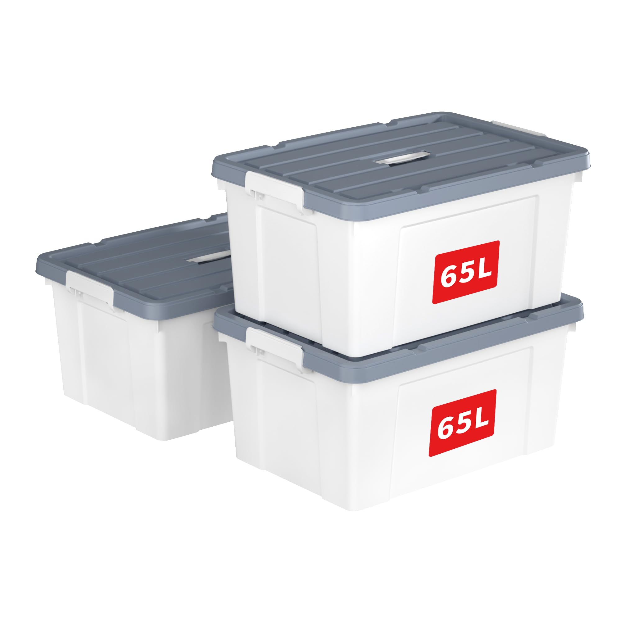 Cetomo 65L*3 Scatole di Stoccaggio in Plastica, Scatole Portaoggetti con Coperchio, Organizzatore con Manico, Contenitori per Casa e Ufficio, Impilabile, Resistente, Bianco, 65L - Confezione da 3