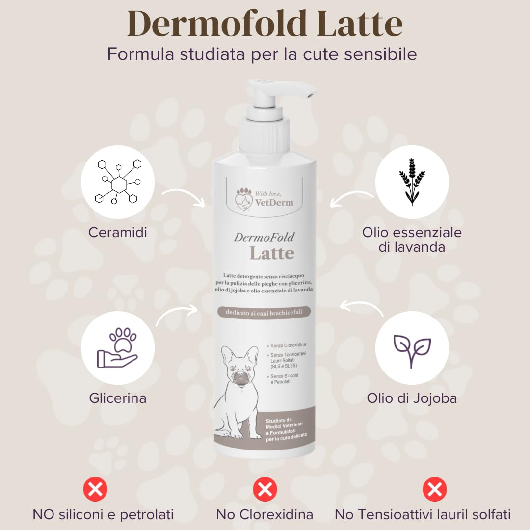 DermoFold Latte Detergente per Cani - Senza Risciacquo, per Pieghe Cutanee, Emolliente e Antiprurito - Ideale per Bulldog, Carlini, Mastini, Shih Tzu - Senza Clorexidina, Alcol, SLS/SLES e Siliconi