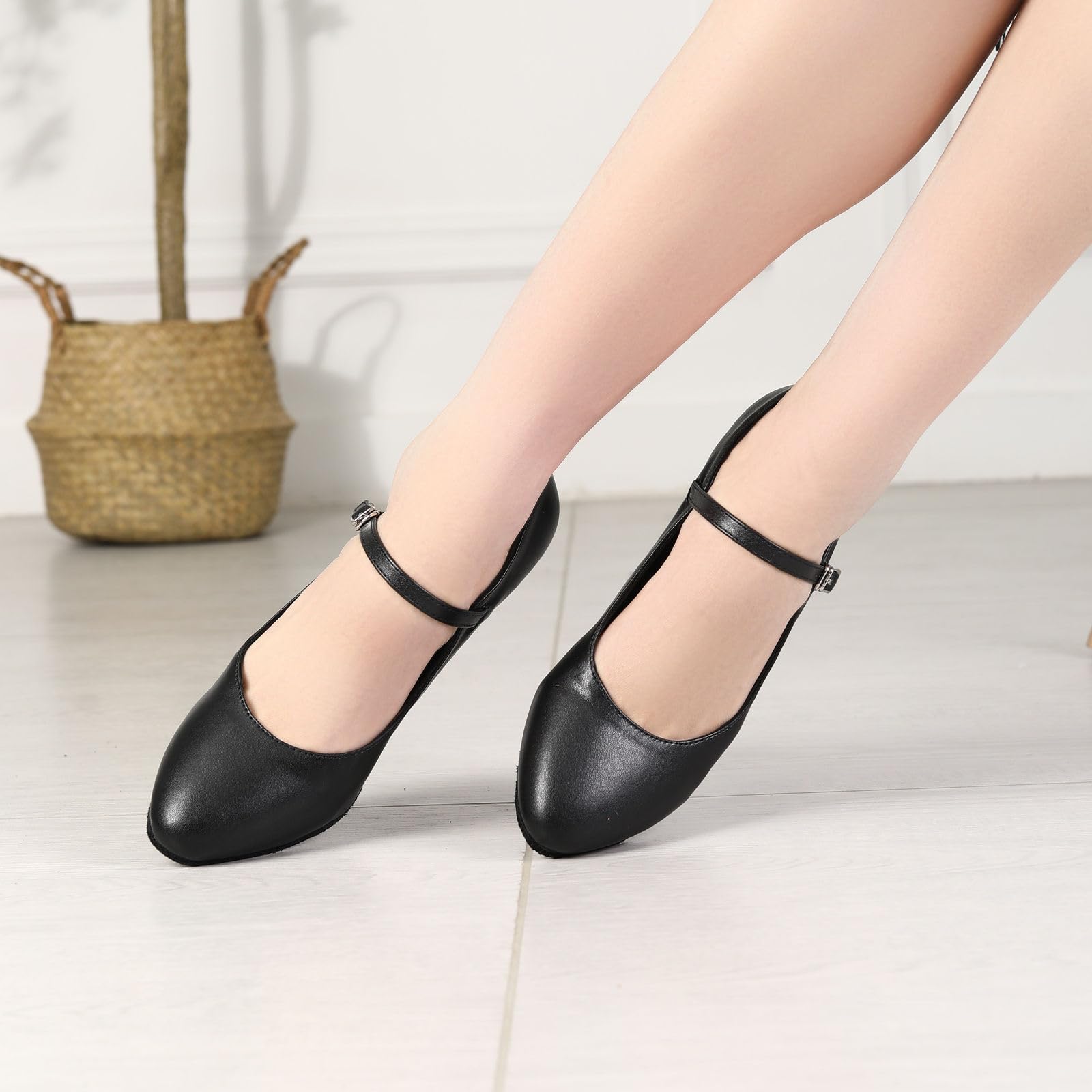 JUODVMP Tanzschuhe Damen Schwarz Leder Charakter Schuhe Rumba Latein Ballroom Tanzschuhe 6CM Absatz