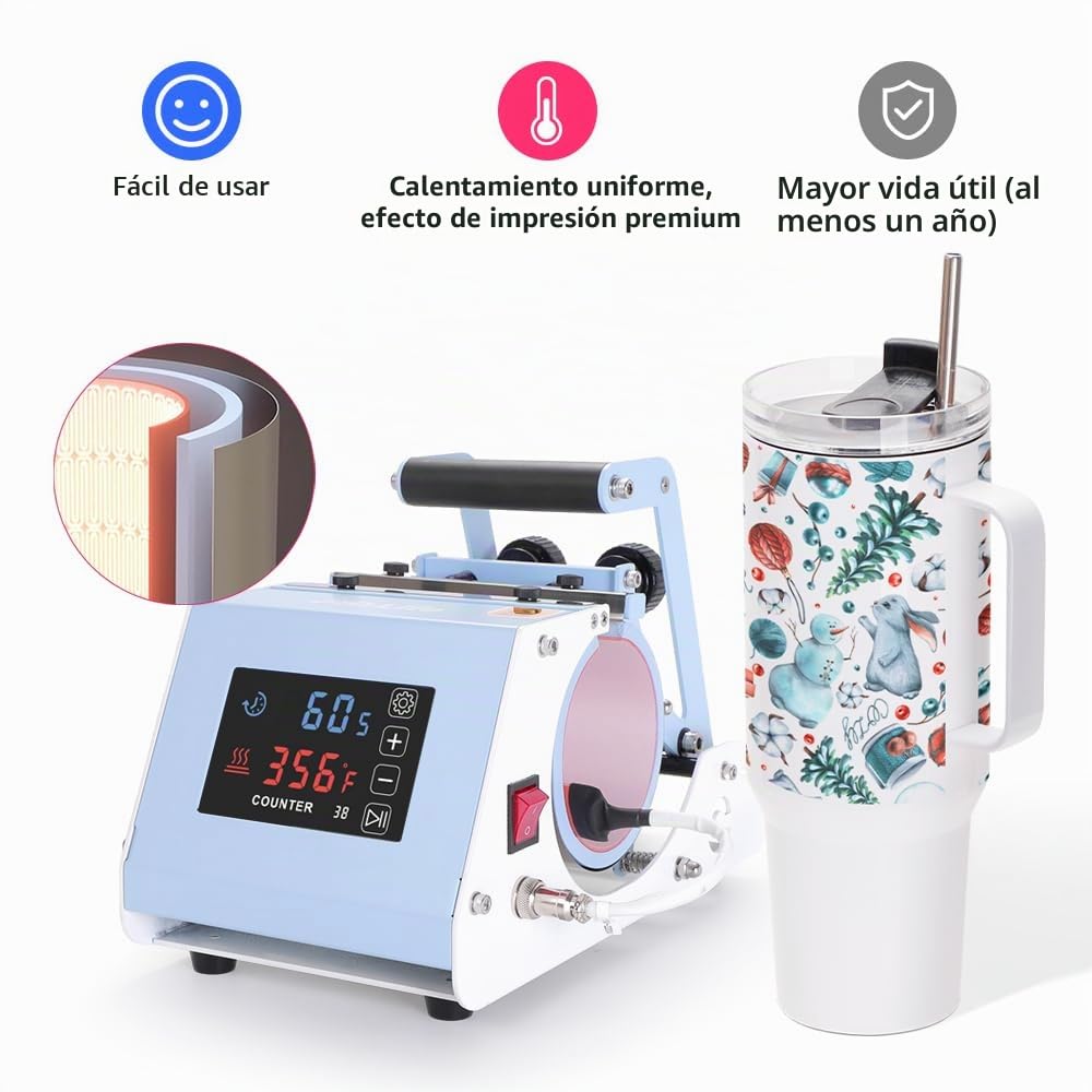 PYD Life 110 V Mini Max Máquina de Prensa de Calor para Vaso Térmico de 40 OZ Azul Claro Prensa de Calor para Taza Pantalla Táctil para Vaso Térmico de Sublimación de 40 OZ con Asa Impresión por