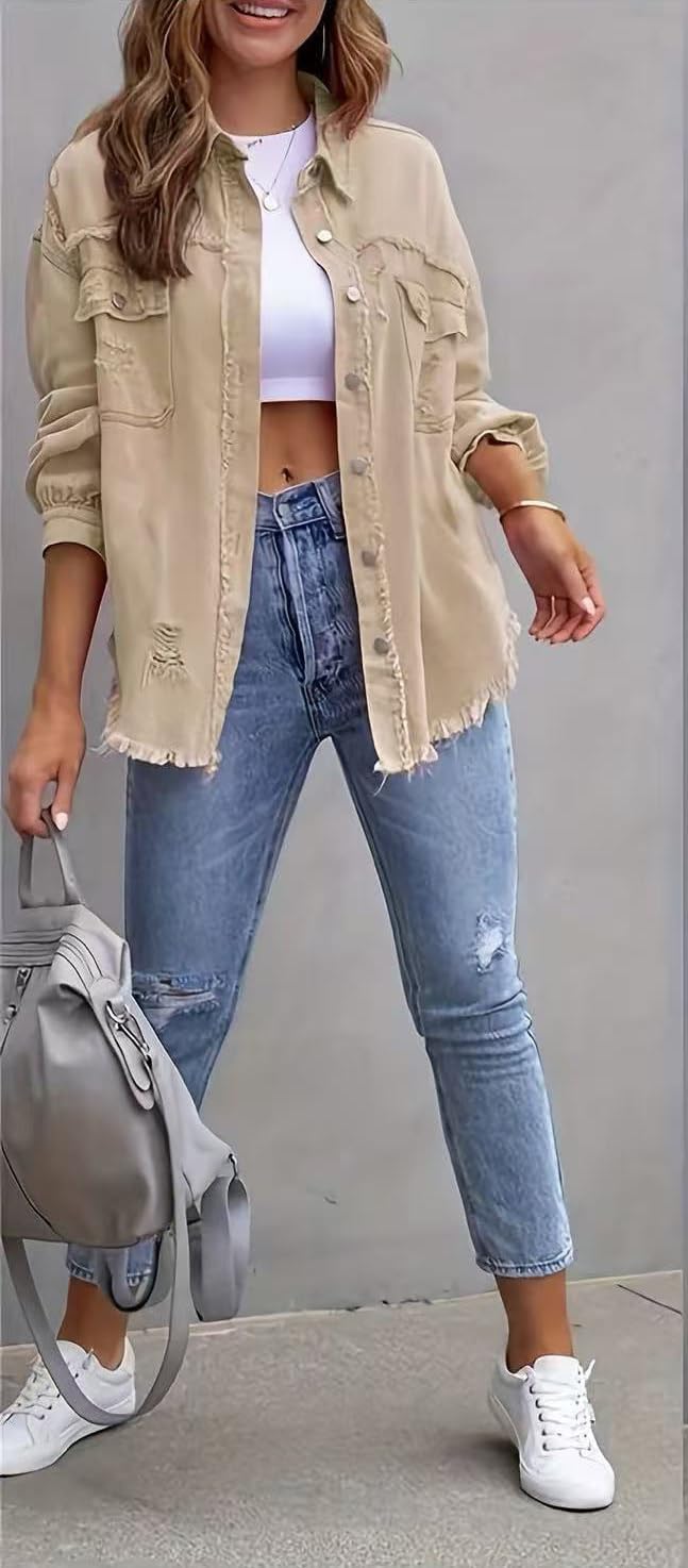 Women's Casual Ripped Denim Jacket Oversized Long Sleeve Button Down Raw Hem Distressed Jean Jackets - Image 3
