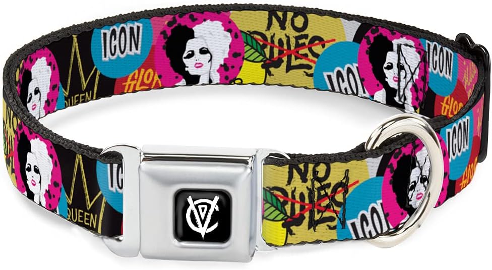 Dog Collar Seatbelt Buckle Cruella de Vil Cruell World and Round Badge Icons Collage 11 to 16.5 Inches 1.0 Inch Wide