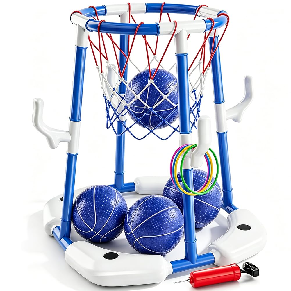 Pool Basketballkorb, Basketballkorb für Erwachsene mit 4 Poolbällen und Pumpe, Schwimmende Aufblasbare Basketballspiele, Outdoor Spielzeug für Schwimmbad, Sommerpartys (Blau)