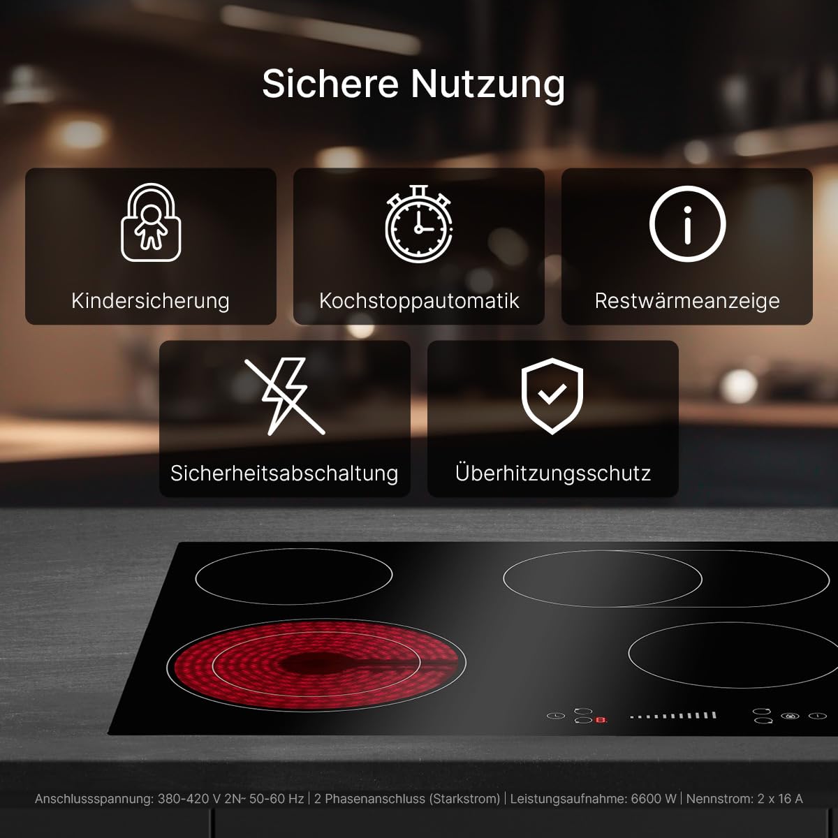 Bomann® Autarkes Kochfeld | 4 Zonen | Kochfeld Autark mit Slide Control & Timerfunktion | Kochplatte mit 9 Stufen | Glaskeramikkochfeld 6600W & Kochstoppautomatik | EBK 7941