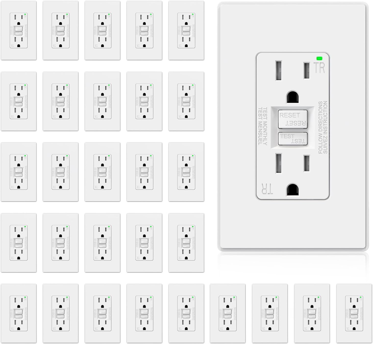 ELEGRP GFCI Outlet 15 Amp, Self-Test GFI Electrical Outlet with Thinner Design, TR Tamper Resistant GFCI Receptacle, Ground Fault Circuit Interrupters with Wall Plate, UL Listed, Matte White, 1 Pack