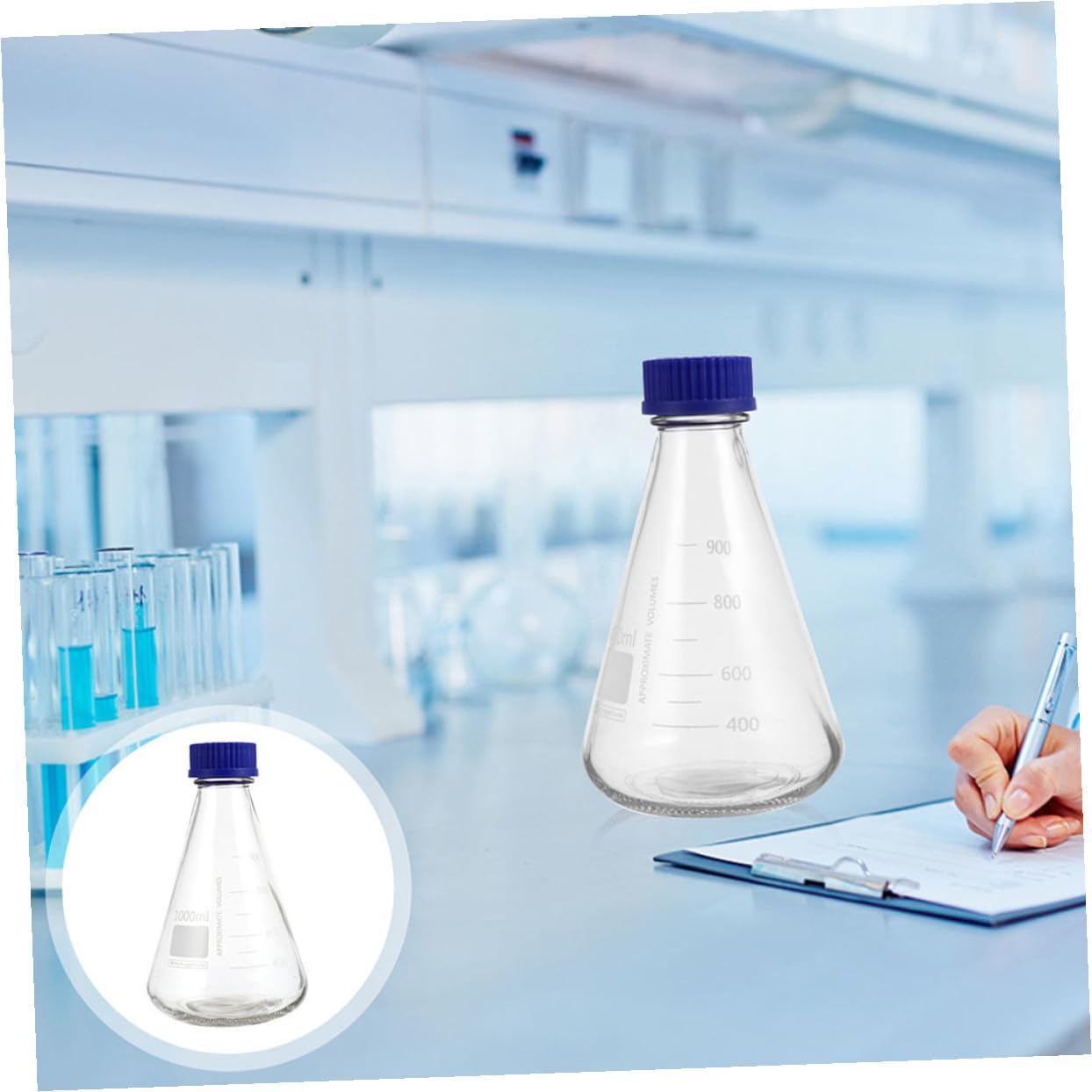 Beute di Erlenmeyer in Vetro Tappo Blu Beute Coniche da Laboratorio da 1000 Ml Scala Graduata Set da 2 Bottiglie per Esperimenti Scientifici Adatte per Studenti e Uso