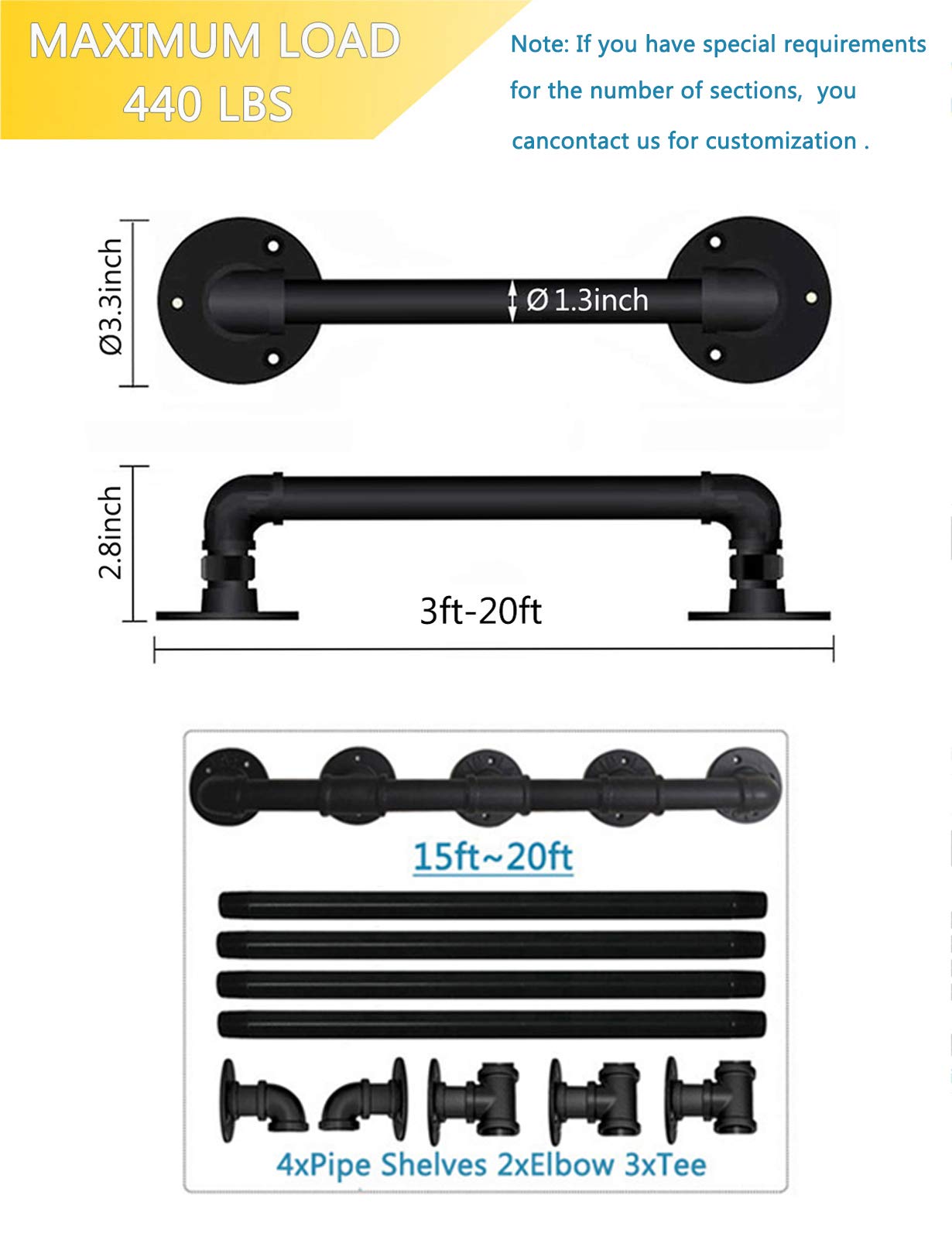 Industriel Garde-Corps pour escaliers Ensemble de Main Courante de sous-Sol Black Pipe Barre de Support en Fonte Marche extérieure intérieure, Supporte 440 Livres