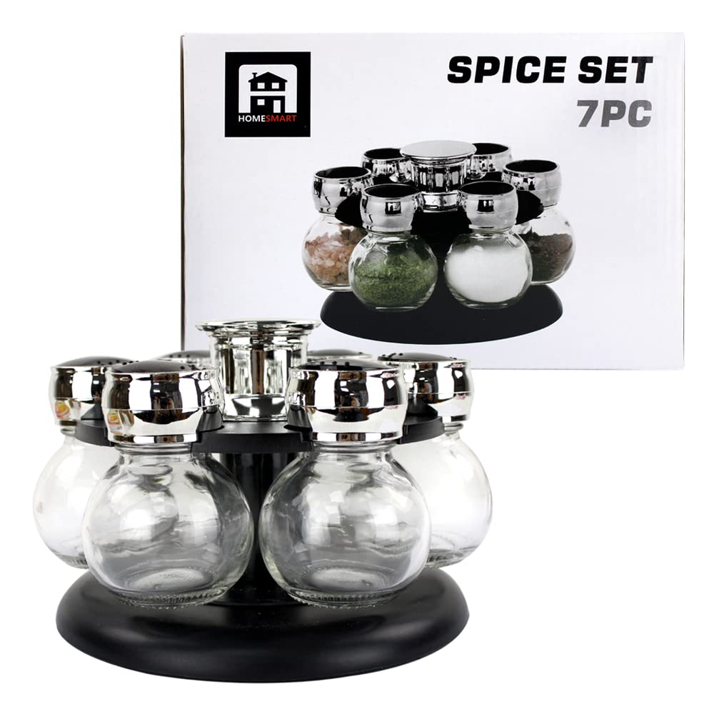 Home Smart PREMIUM Revolving Spice Rack | Glass Jar Bottles Set of 7 | Spice Jars For Kitchen Organizer And Storage | Premium Gift