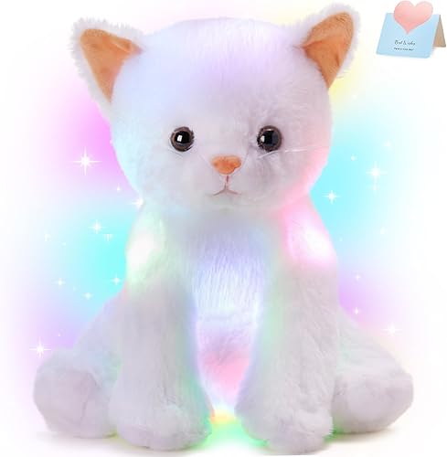 Houwsbaby Gato de peluche iluminado con luces LED, juguete de peluche con luces nocturnas, regalos de cumpleaños para niños pequeños, blanco, 12