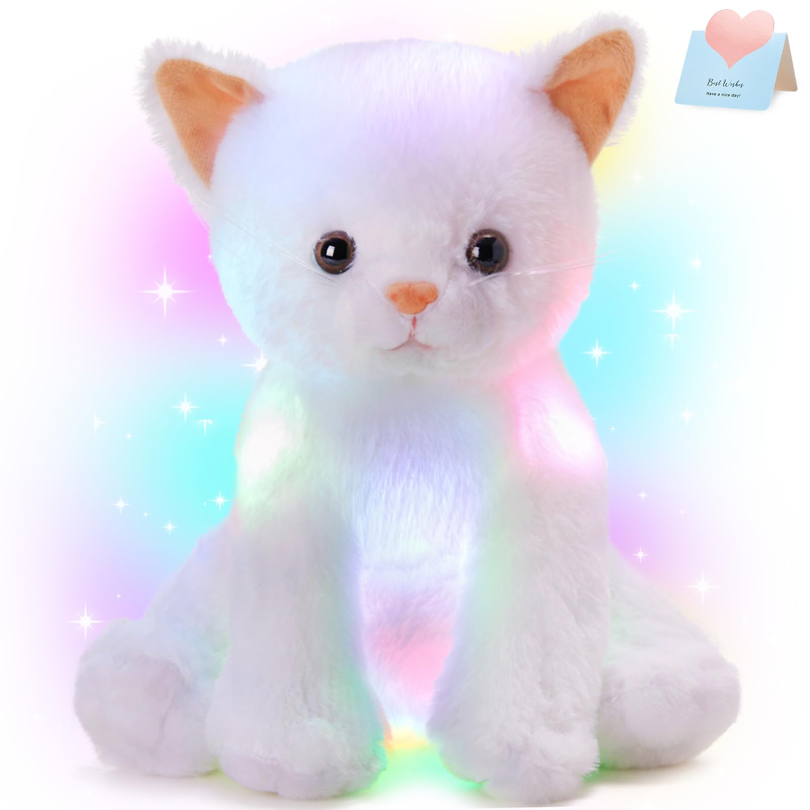 Houwsbaby Light up Cat Stuffed Animal LED Glowing Kitty Plush Toy Floppy Kitten Toy Night Lights Birthday Presents for Kids Toddler Girls, White, 12''