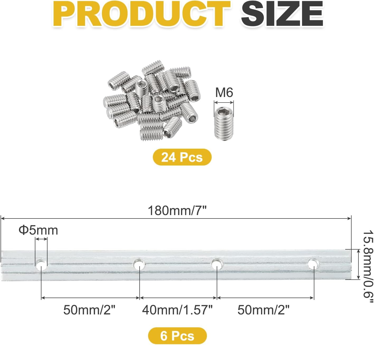MECCANIXITY 6 Set 3030 Straight Line Inside Connector Joint Bracket, for 8mm t Slot Aluminum Extrusion Profile, 7 Inch Silver with M6 Screws