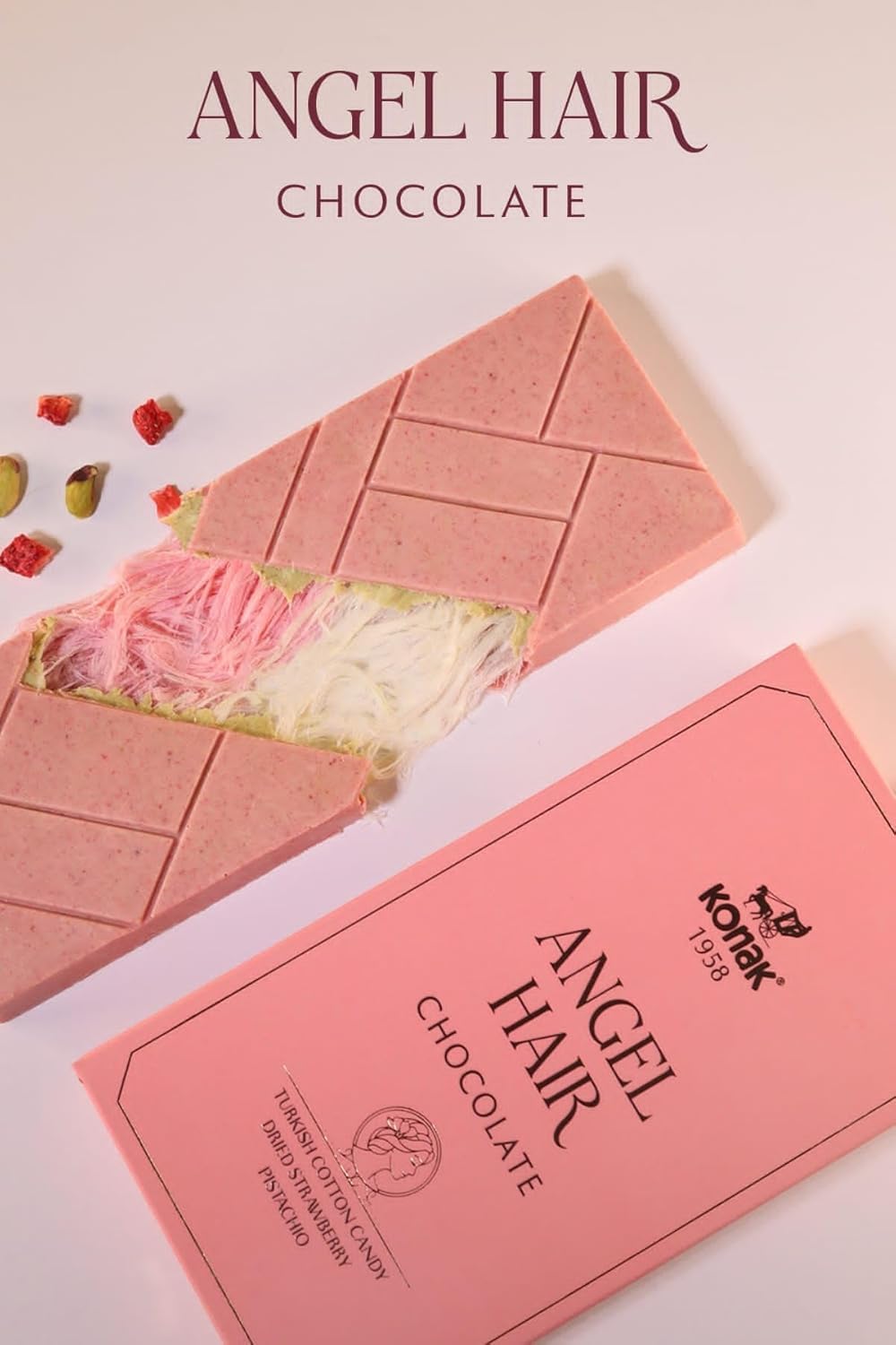 Angel Hair & Dubai Chocolat – Chocolate Cotton Candy Bar 170g (5.09 oz) + Kunafa Pistachio Milk Chocolate 200g (7.05 oz) – Gift Box with Strawberry, Pistachio – Premium Treat for Birthdays, Christmas, Congratulations – Amazing Pack
