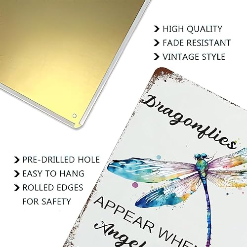 Miniatura 4 de Letrero de estaño de libélula - Dragonflies Appear When Angels Are Near - Divertido decoración de pared de libélula de metal para la puerta del
