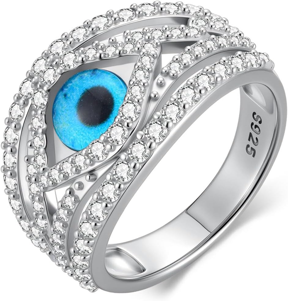 PEIMKO 925 Sterling Silver Turkish Evil Eye Rings for Women Pave 5A Cubic Zirconia Twist Devil's Eye Resin Patch Stacking Ring(3.5-12)