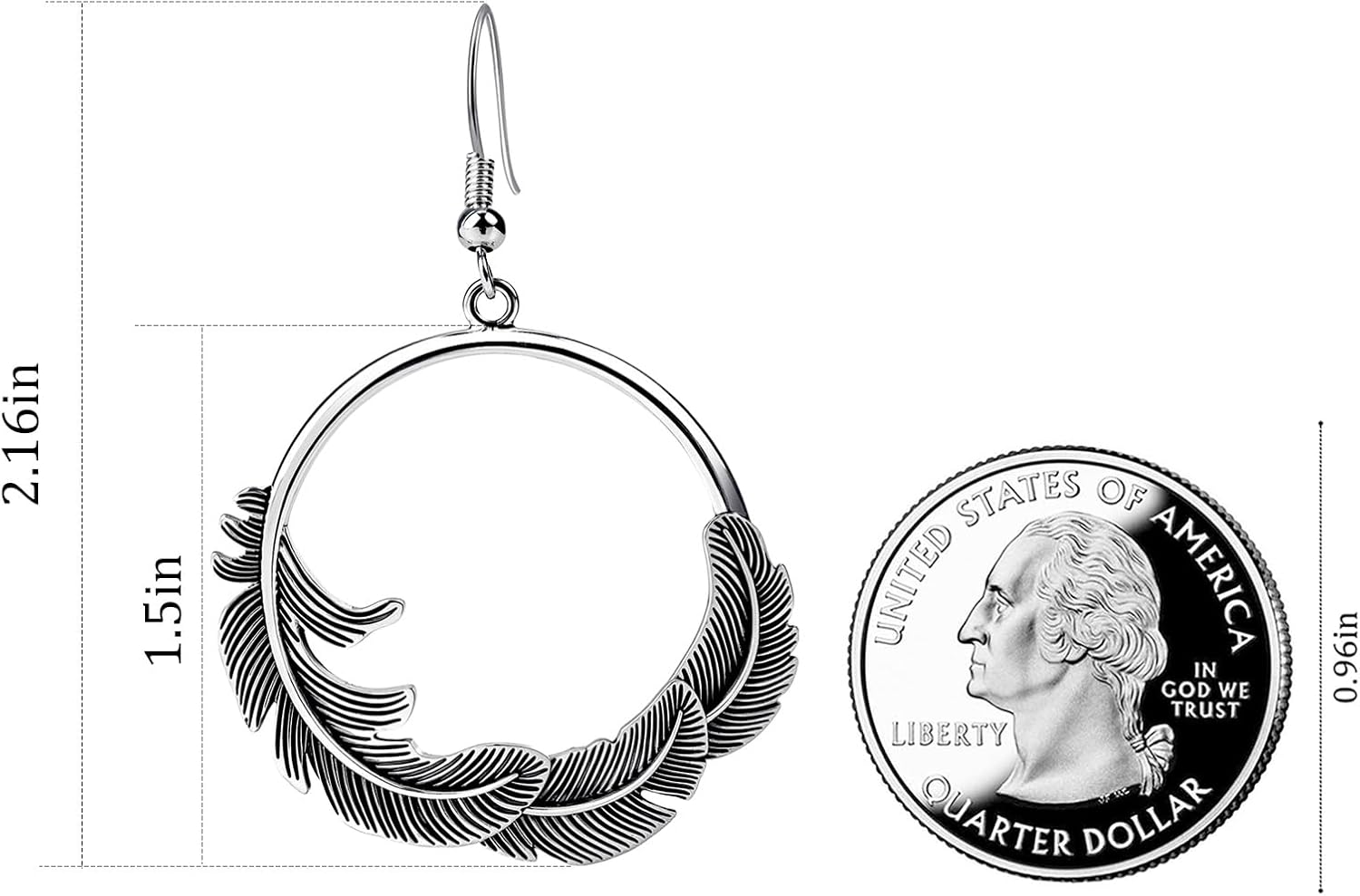Silver Boho Earrings – Silver Circle Drop Dangle Earrings with Feather Design, Vintage Round Jewelry for Women - Image 3