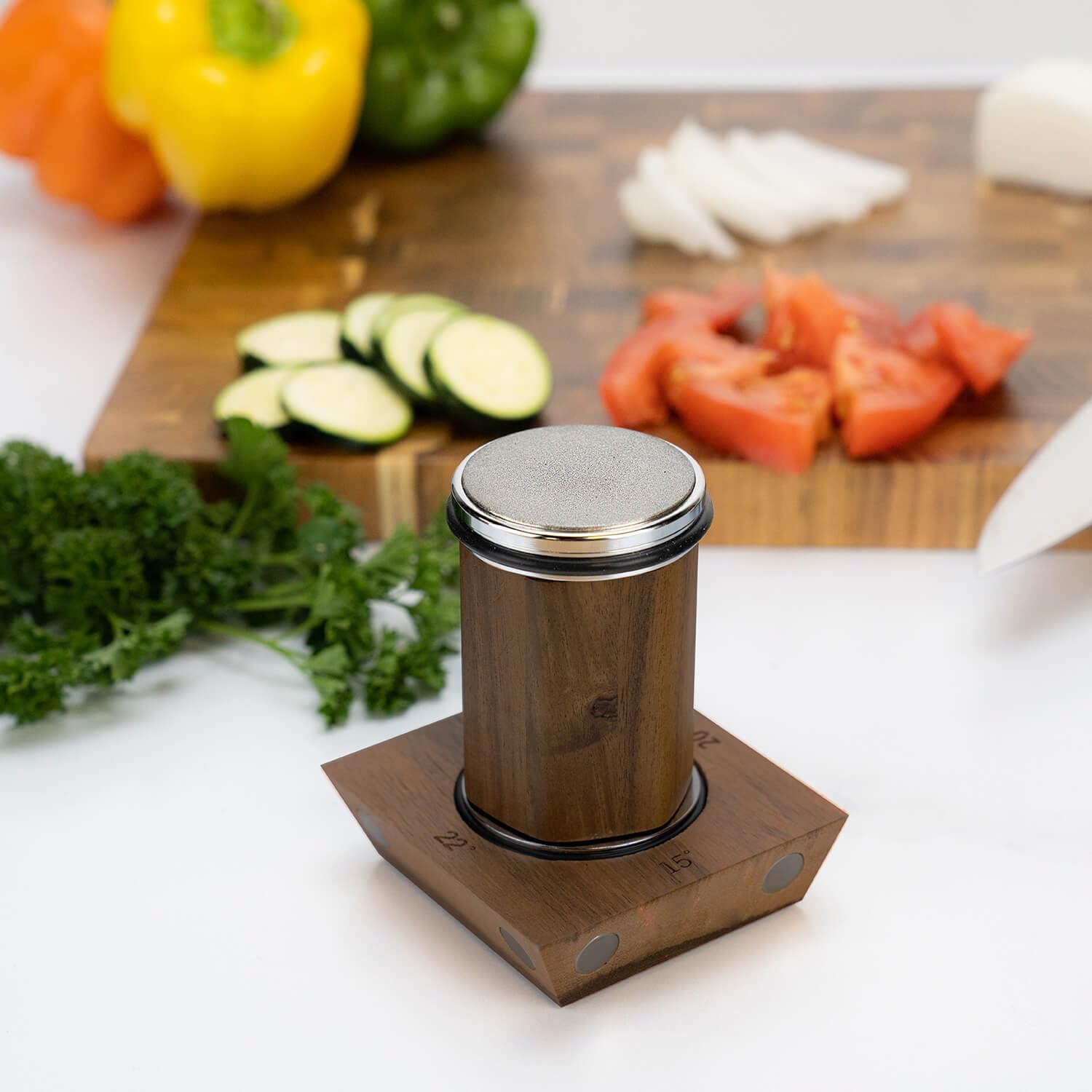 SENKEN Rolling Knife Sharpener with Solid Wood Magnetic Base - Sharpens at 4 Angles 15°, 18°, 20°, and 22° - Includes Diamond and Ceramic Discs