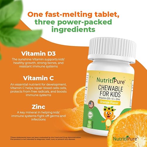 Miniatura 5 de NutritiPure Vitamina D3 masticable (colecalciferol) 25 mcg (1000 UI) + zinc (citrato de zinc) 5 mg + vitamina C 30 mg para niños, sabor naranja
