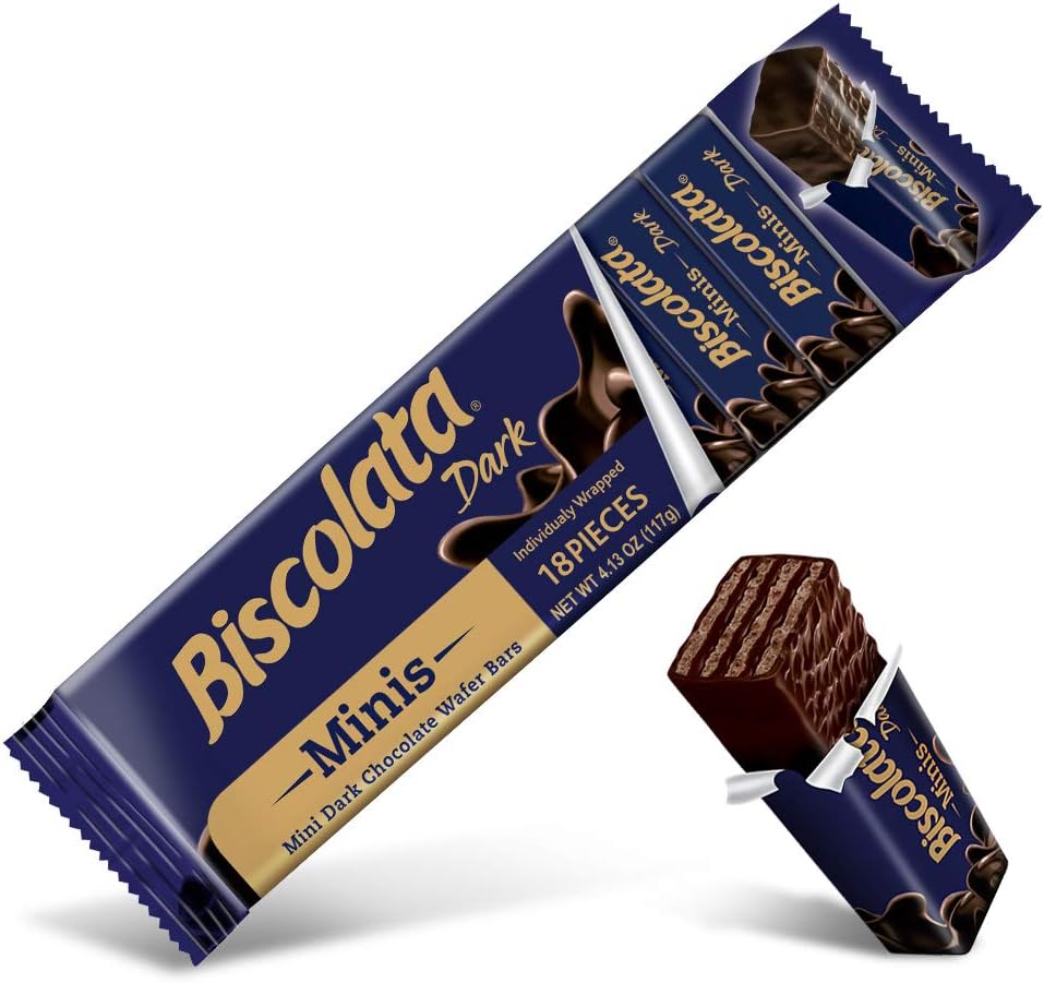 Biscolata Minis Wafers Covered in Pure Dark Chocolate - Delicious Hazelnut Cream within Wafers, Bite Size Individually Wrapped Wafer Cookies, 18 Count (3-Pack)