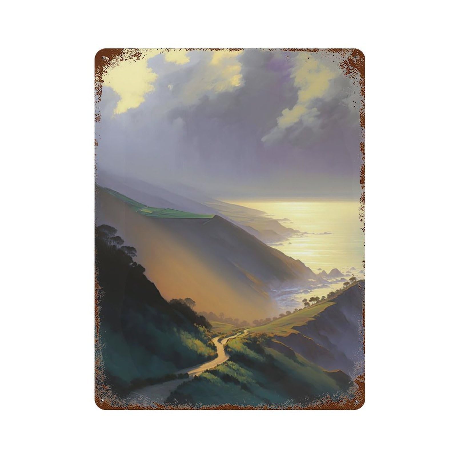 Coastal Hills Landscape 15.7"x11.8" Rusty Metal Tin Sign, Farmhouse Wall Decor for Office, Studio And Wall Decor