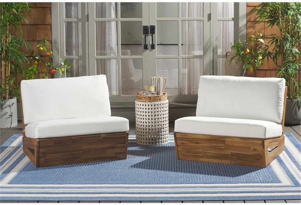 Pemberly Row Acacia Wood Lounge Chair Set of 2, Natural Finish, Beige Polyester Cushions, 32.7 x 34.4 x 24.4 in, Minimalist Design, Indoor/Outdoor Seating for Patio, Balcony, Garden Use