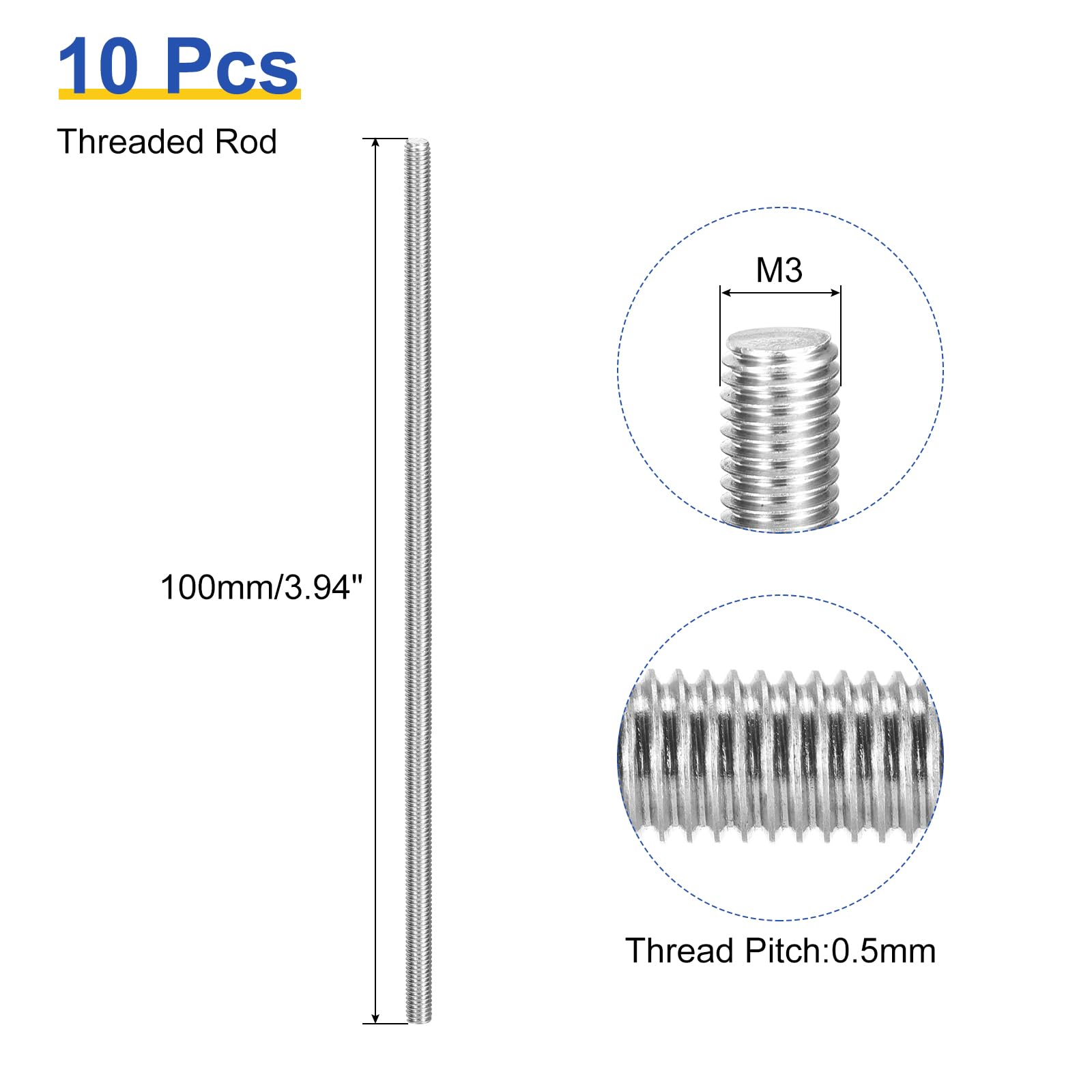 uxcell 10Pcs M3 x 100mm Fully Threaded Rod 304 Stainless Steel Right Hand Threads Bar Studs for Anchors Bolts, Clamps, Hangers and U-Bolts, M3-0.5 Thread Pitch