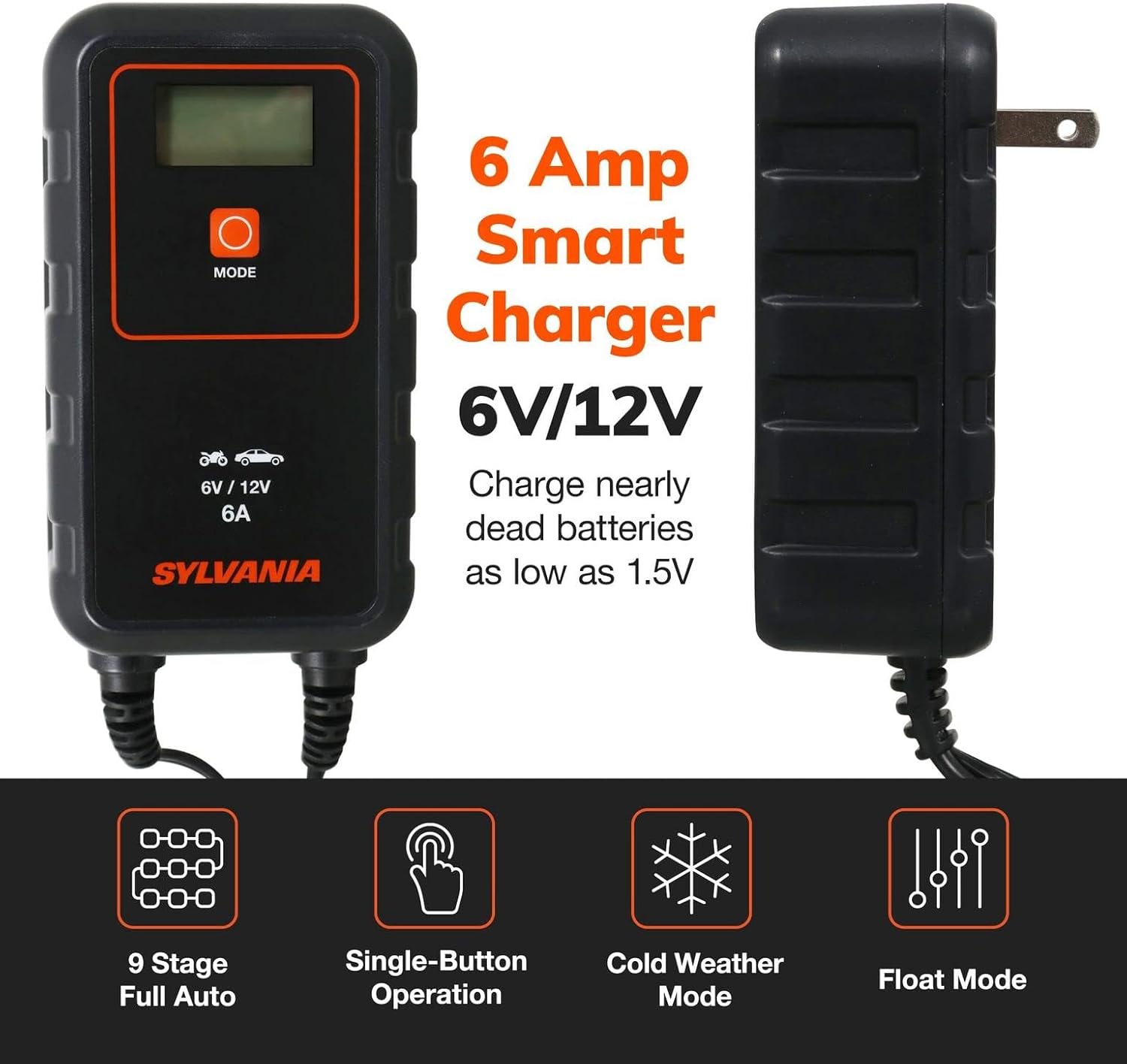 SYLVANIA - Smart Charger - Heavy-Duty, Portable Car Battery Charger - Makes Car Charging Easy - Use as Battery Maintainer - 6V or 12V Voltage Output - 6 AMP