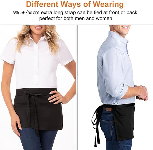 Miniatura 5 de LRUUIDDE Delantales de servidor con 3 bolsillos, delantales de cintura de servidor, medio delantal de camarera, resistente a las gotas de agua