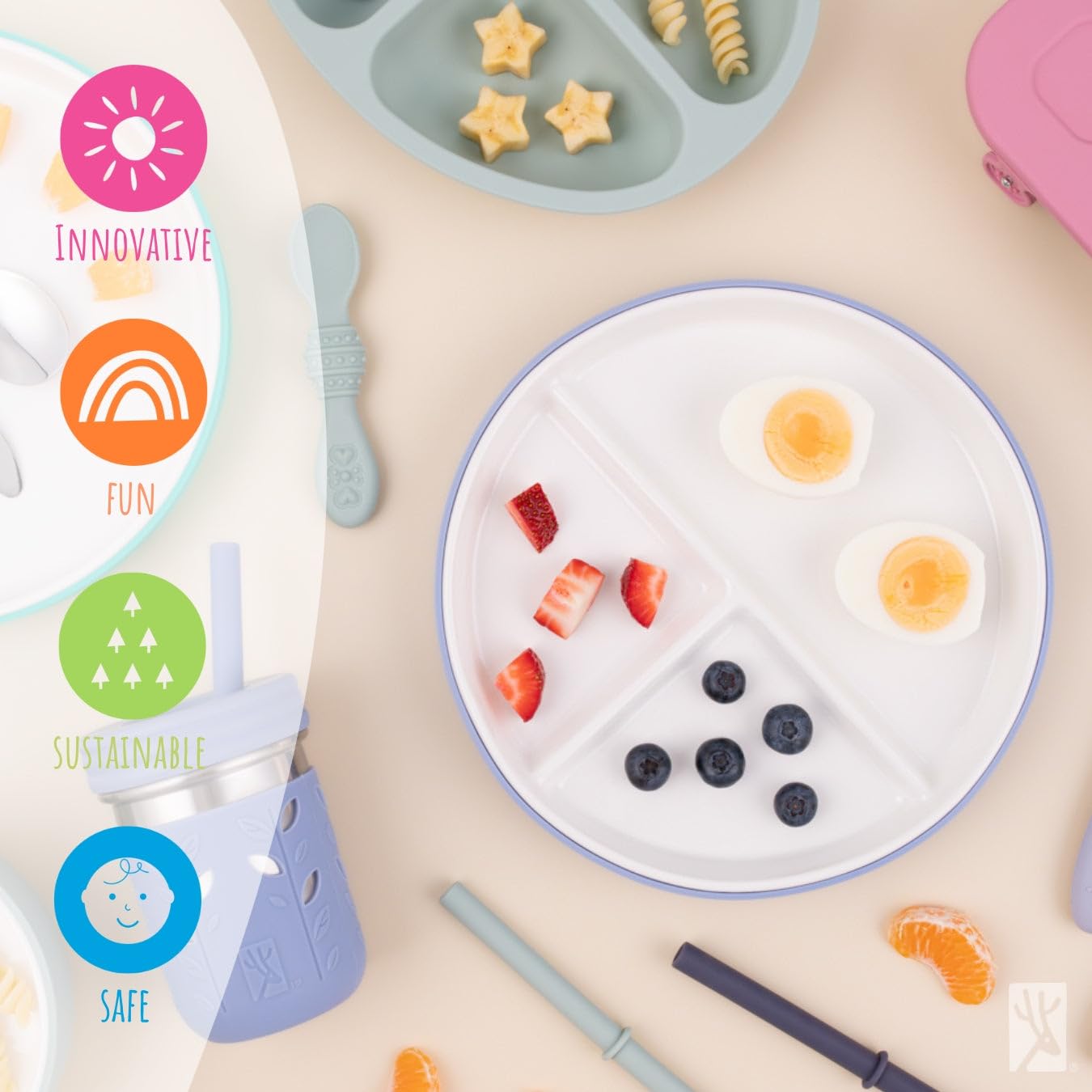 Elk and Friends Platos de porcelana blanca de 7.8 pulgadas para niños con fundas de silicona + tapas, platos divididos, adecuados para niños y niños pequeños, aptos para microondas y lavavajillas