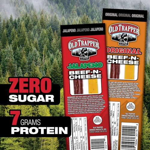 Image of Old Trapper Beef-N-Cheese, Jalapeno Flavor, 1.3-Ounce Individual Package, Spicy and Savory Beef Stick and American Cheese Snack Pack, Great Snack for Lunch Boxes or Between Meals (Pack of 14)