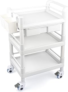 Medical Mobile Trolley Cart 3 Tier 500 Lbs Spacious Beauty Salon Rolling Trolley with Dirt Buckets Drawers 360Â°Rotate Wheels Heavy Duty Medical Utility Cart for Hospital Dental Clinic