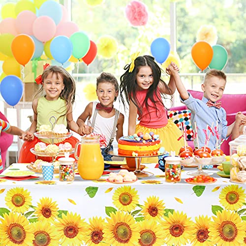 Breling Sunflower Tablecloth Decorations Plastic Sunflower Picnic Table Cover Vintage Wood Grain Tablecloth for Camping Indoor Outdoor Birthday Baby Shower Party Supplies, 54 x 108 Inch(White)