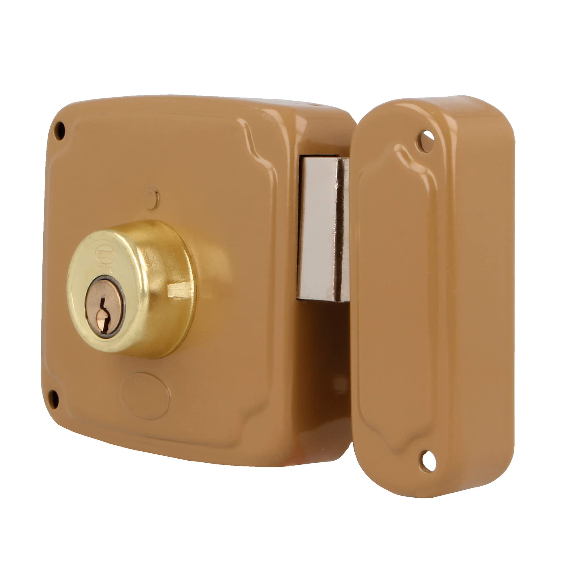 Amig - Serratura da sovrapposizione a destra con leva di chiusura e linguetta per porte in legno Mod. 72PU 100 x 95 mm Chiusura con cilindro rotondo in acciaio dorato