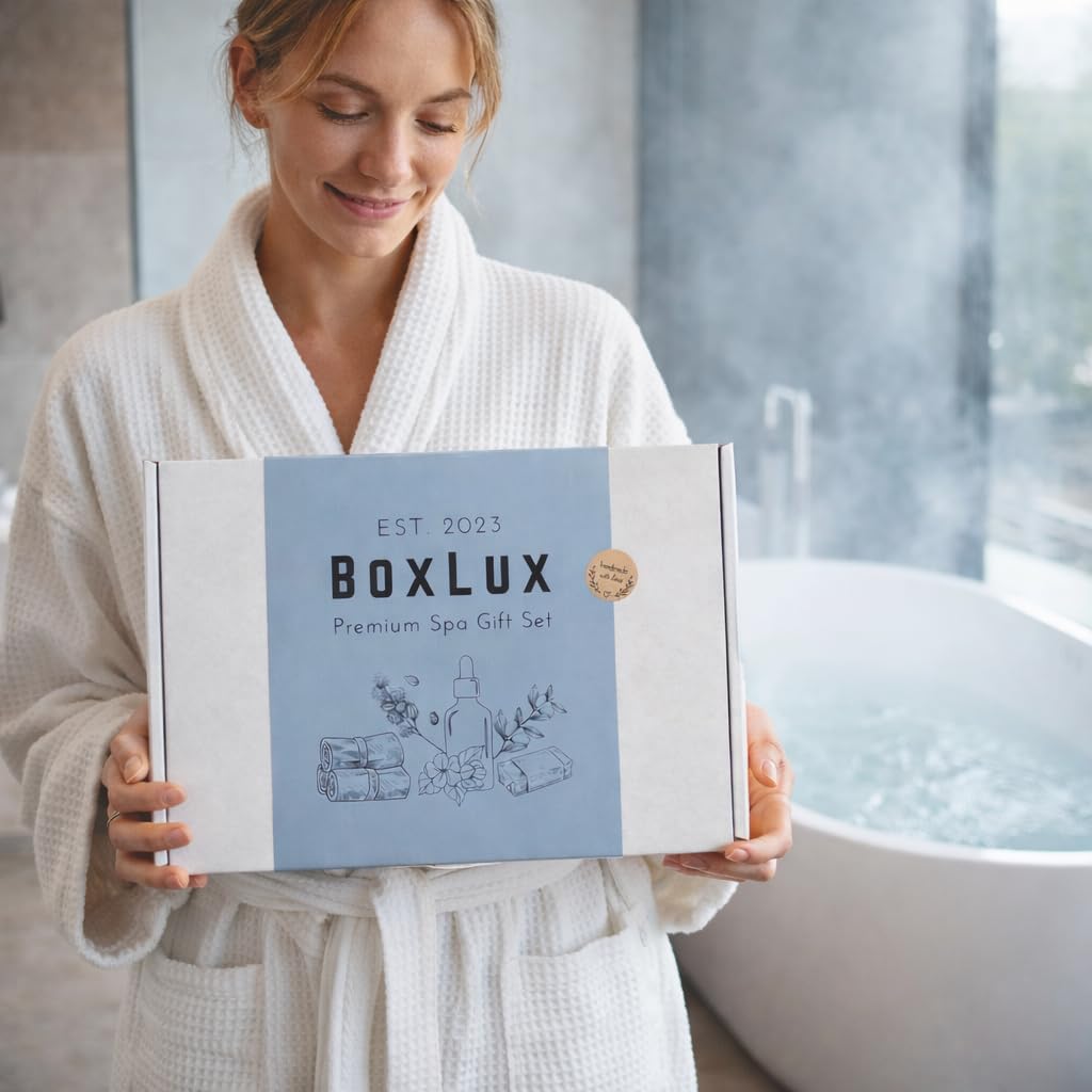 Luxury Spa Gift Set for Women & Men – Complete Self Care Relaxation Box with Cotton Waffle Robe, Eucalyptus Candle, Hot Stones, Essential Oils, Soap & Face Cloth